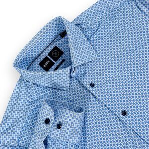 Hugo Boss Performance Shirt Men L Blue Hank Kent Geometric Slim Fit Long Sleeve